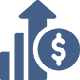 profi A blue icon showing an upward arrow, a bar chart, and a dollar symbol, indicating financial growth.